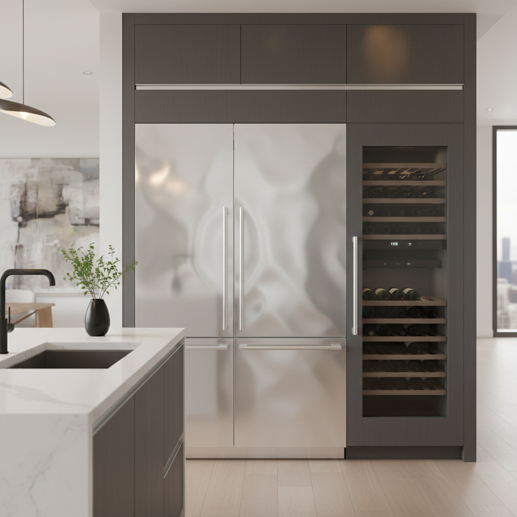 Modern high-end kitchen close-up with built-in refrigerator and wine cooler