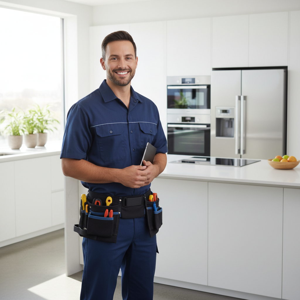 Smiling appliance repair technician standing in a modern bright kitchen