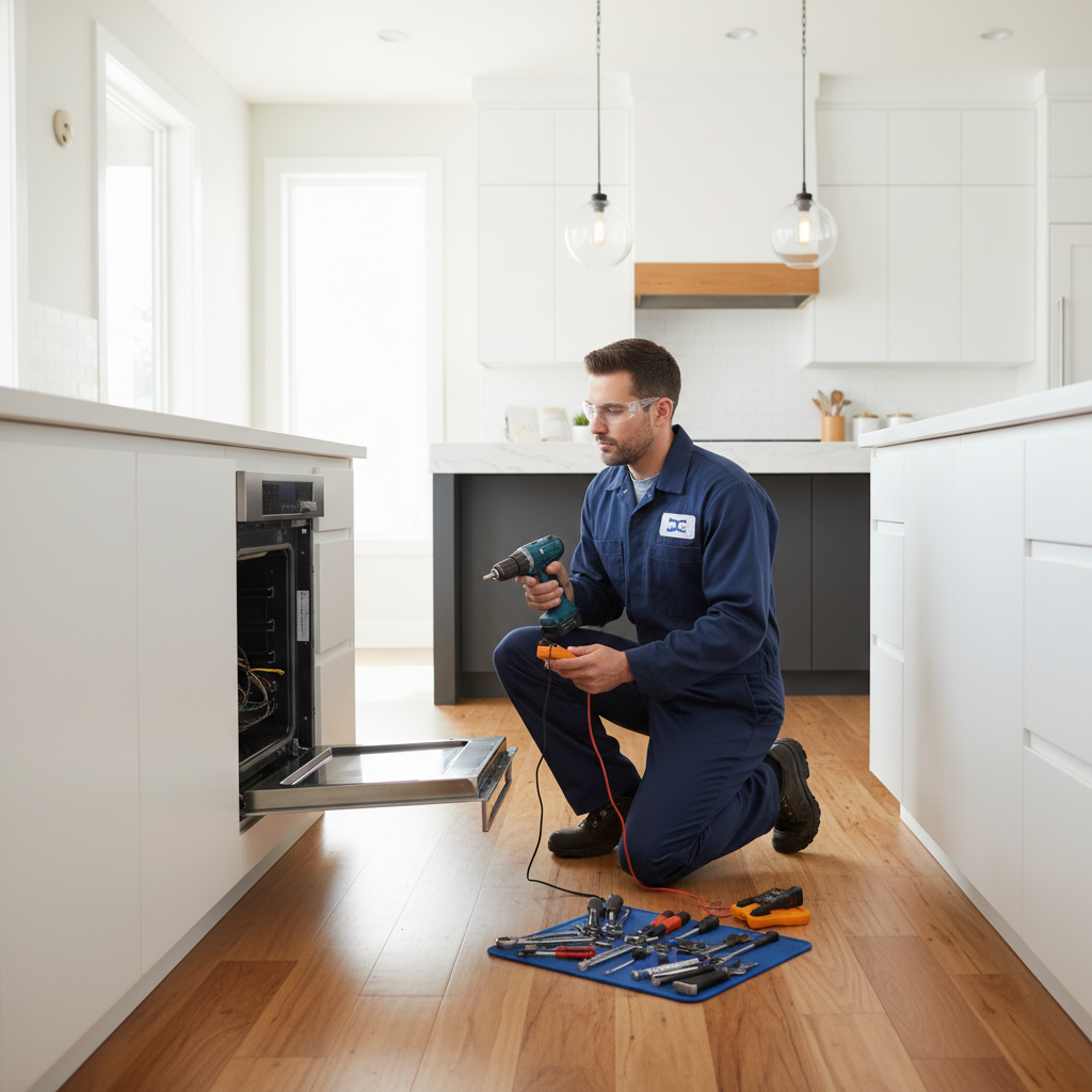 Appliance repair technician repairing a built-in oven in a bright modern kitchen